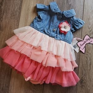 Nanette Baby capped sleeve denim, coral ruffled dress, bloomer set Sz 3 mo.